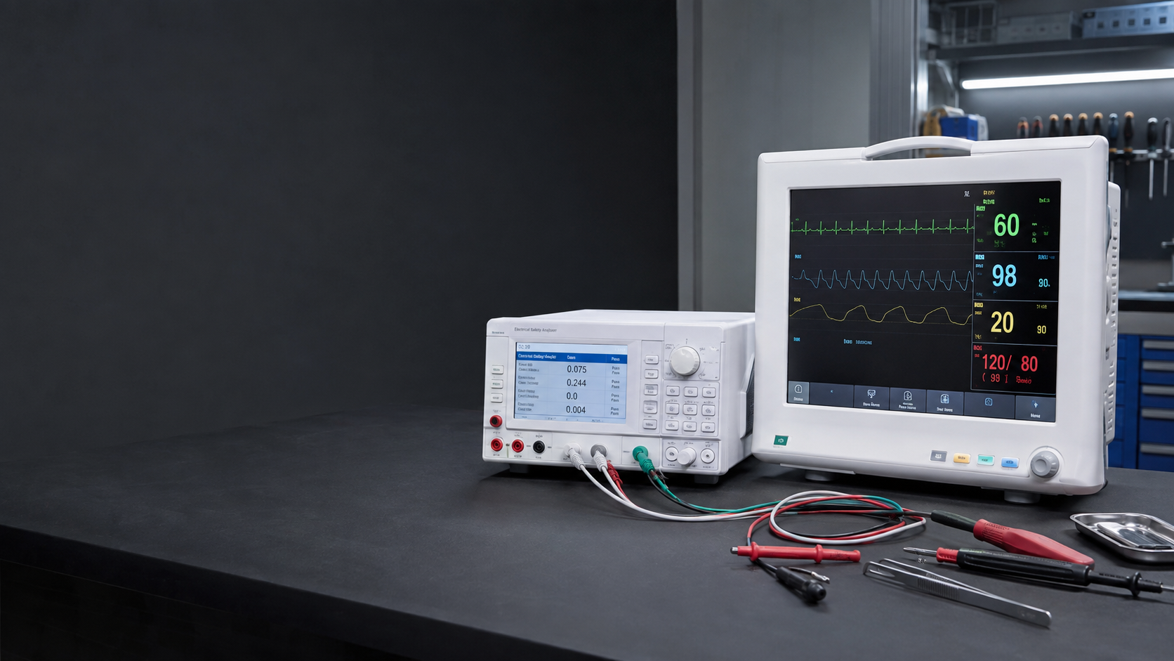 Biomedical equipment and a patient monitor on a clinical engineering workbench